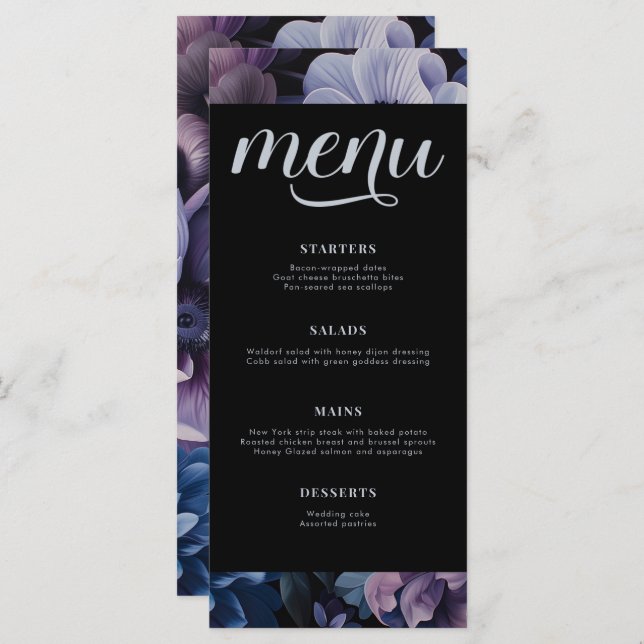 Menu Luz de Lua Botânica | Casamento Floral Gótico (Frente/Verso)