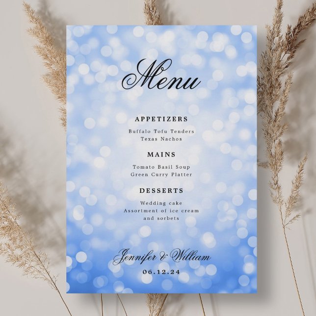 Menu Luzes Azuis Marinho De Casamento Elegante (Elegant Script Wedding Navy Blue Bokeh Lights Menu)