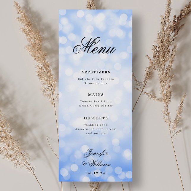 Menu Luzes Azuis Marinho De Casamento Elegante (Elegant Script Wedding Navy Blue Bokeh Lights Menu)