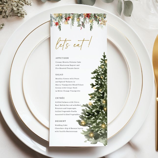 Menu Luzes de árvore de Natal Pinheiro Jantar de casame (Christmas wedding menu with pine tree art and winter greenery, elegant festive dinner stationery)