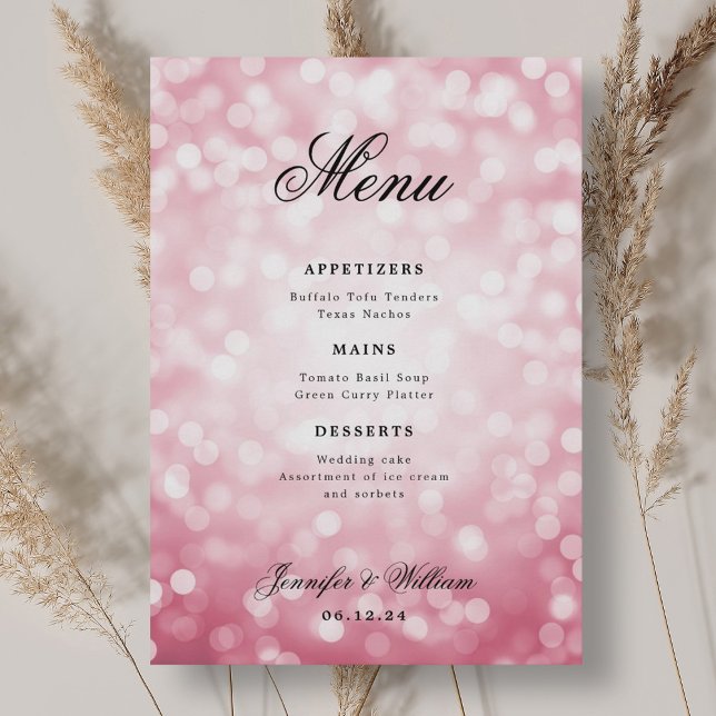 Menu Luzes de Bokeh Cor-de-Rosa Blush do Script Elegant (Elegant Script Wedding Blush Pink Bokeh Lights Menu)
