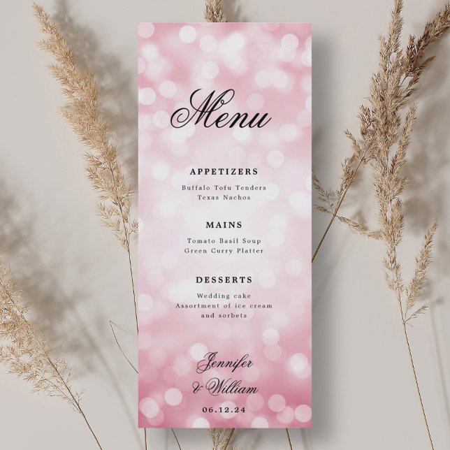 Menu Luzes de Bokeh Cor-de-Rosa Blush do Script Elegant (Elegant Script Wedding Blush Pink Bokeh Lights Menu)