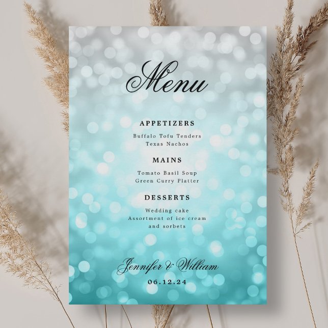 Menu Luzes de Bokeh de Praia de Casamento de Script Ele (Elegant Script Wedding Beach Bokeh Lights Menu)