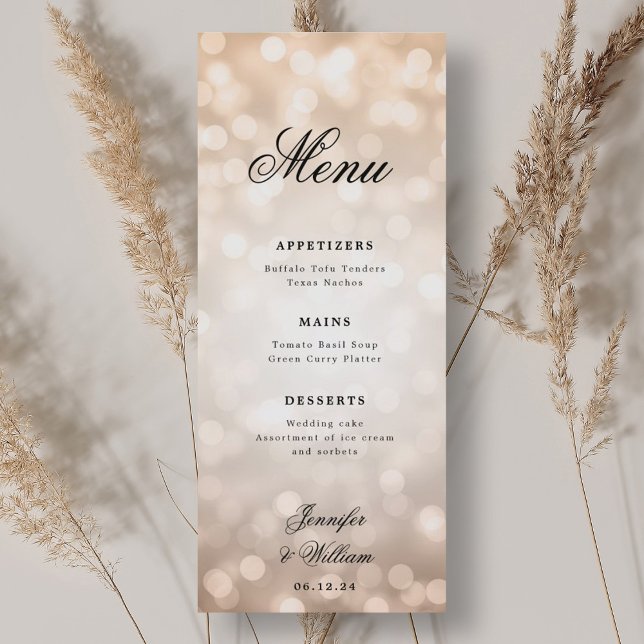 Menu Luzes de Bokeh Rosa Douradas de Casamento de Scrip (Elegant Script Wedding Rose Gold Bokeh Lights Menu)