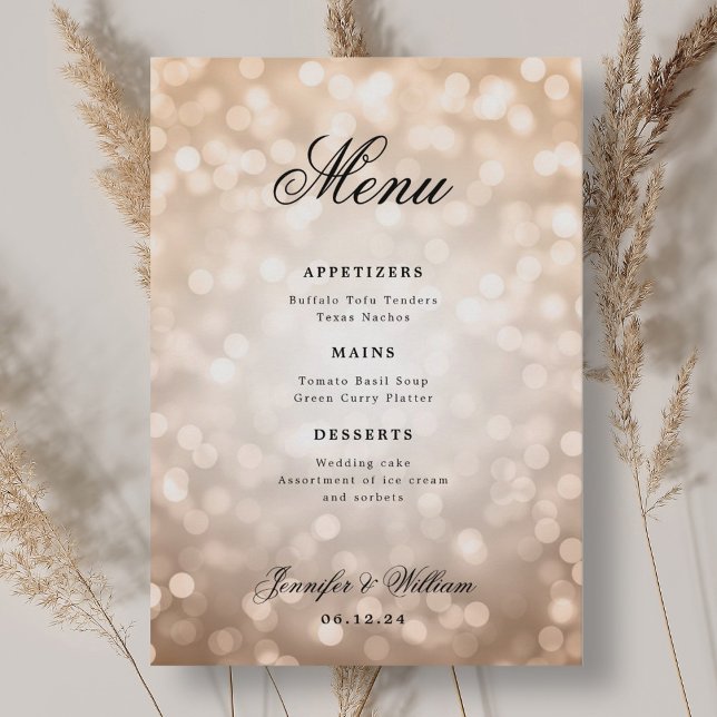 Menu Luzes de Bokeh Rosa Douradas de Casamento de Scrip (Elegant Script Wedding Rose Gold Bokeh Lights Menu)