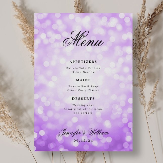 Menu Luzes de Bokeh Roxo de Casamento de Script Elegant (Elegant Script Wedding Purple Bokeh Lights Menu)