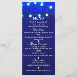 Menu Luzes de Corda Azul Rústico Cardápio de Casamento 