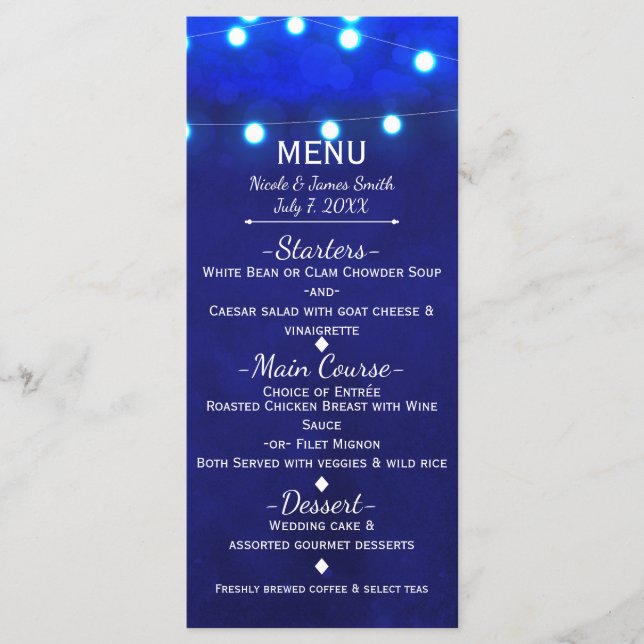 Menu Luzes de Corda Azul Rústico Cardápio de Casamento  (Frente)