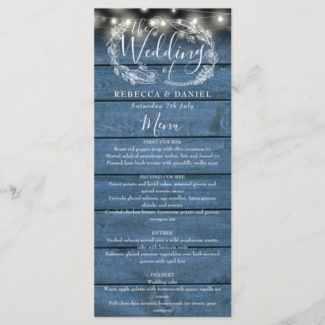 Menu Luzes de Corda Azul Rustico Madeira Floral Casamen (Frente)