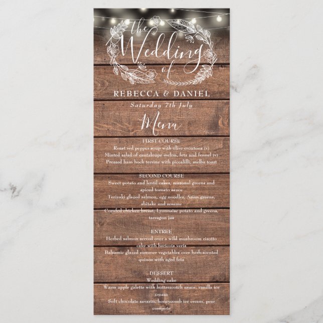 Menu Luzes de Corda Casamento Floral em Madeira Rústica (Frente)