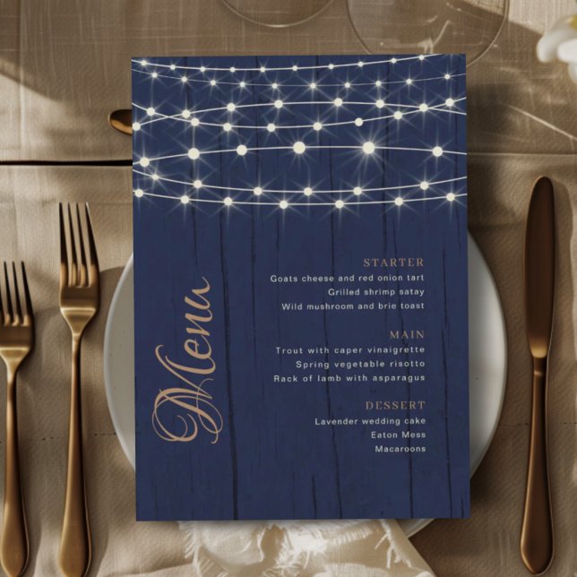 Menu Luzes de Corda de Madeira Azul Elegante Casamento (Criador carregado)