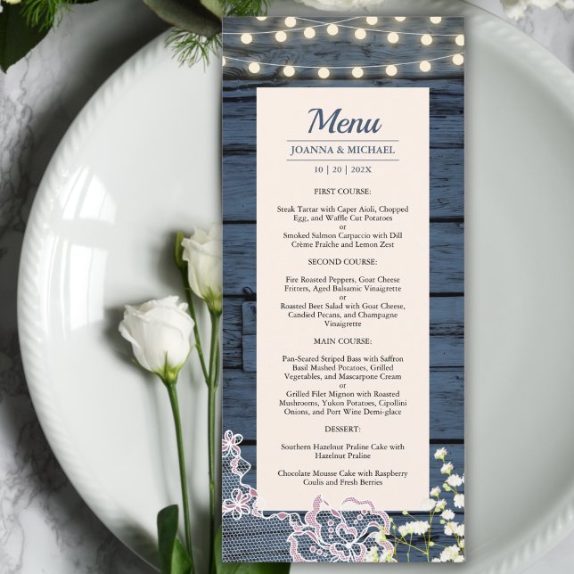 Menu Luzes de Corda de Madeira Azul Rústica e Casamento (Criador carregado)