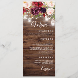 Menu Luzes de Corda Florais Borgonha Cardápio de Jantar