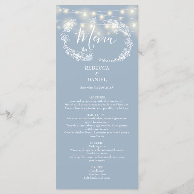 Menu Luzes de Corda Floral Azul Poeirento Casamento (Frente)