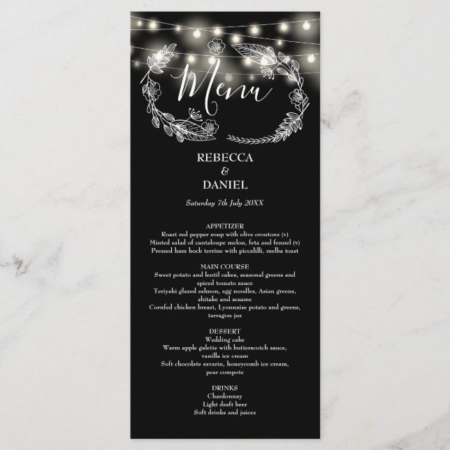 Menu Luzes de Corda Floral Casamento Preto e Branco (Frente)
