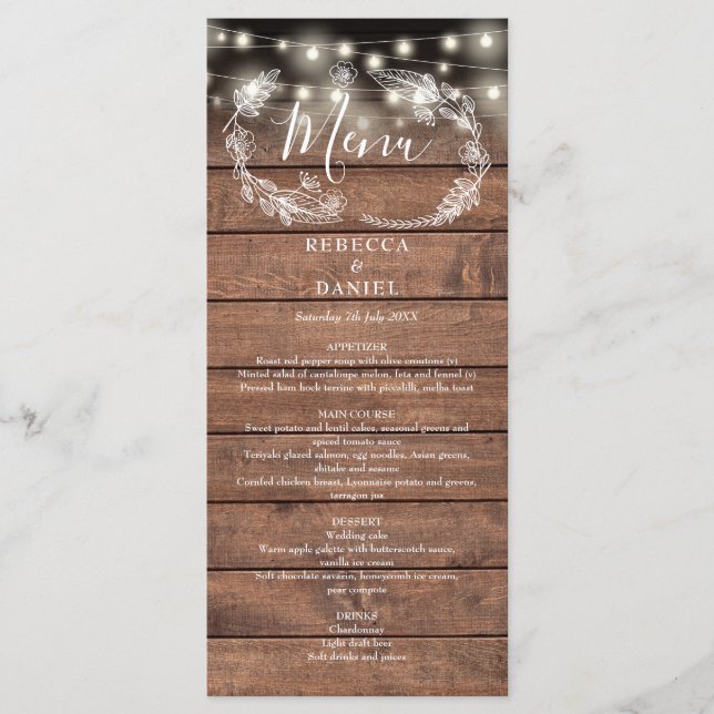 Menu Luzes de Corda Floral Rústico Casamento de Madeira (Frente)
