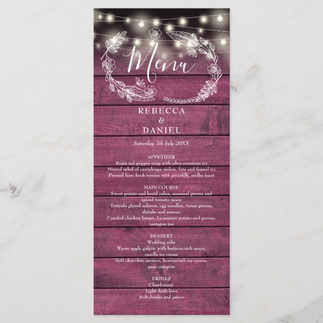 Menu Luzes de Corda Floral Rústico Vermelho Madeira Cas (Frente)