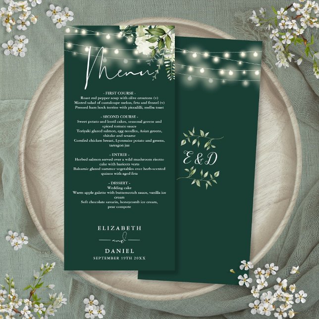 Menu Luzes de Corda Floral Verde Esmeralda para Casamen (Emerald Green Floral String Lights Wedding Dinner Menu)