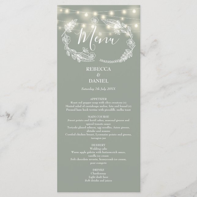 Menu Luzes de Corda Floral Verde Sage Casamento (Frente)