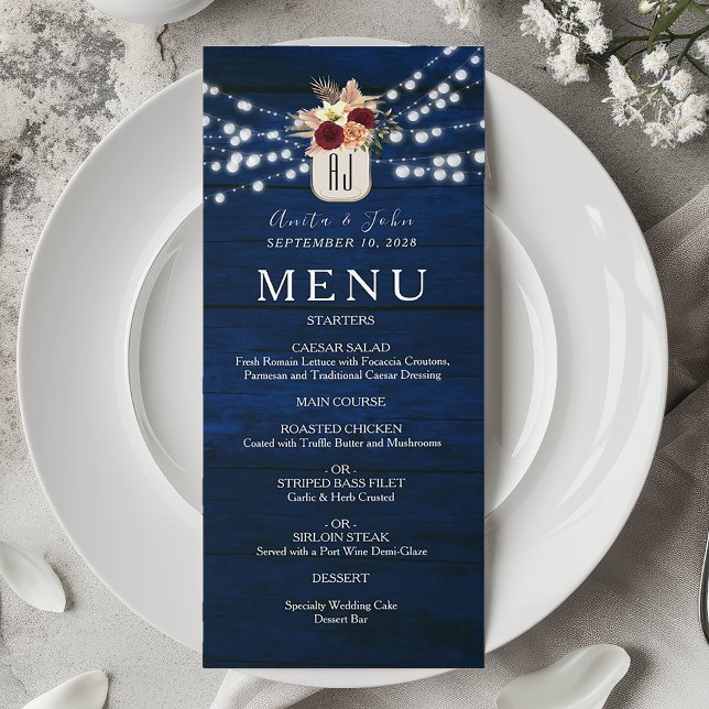 Menu Luzes de Corda Rústicas Casamento Azul Marinho (Criador carregado)