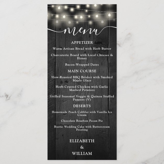 Menu Luzes de Corda Rústicas Madeira de Celeiro Preto C (Frente)