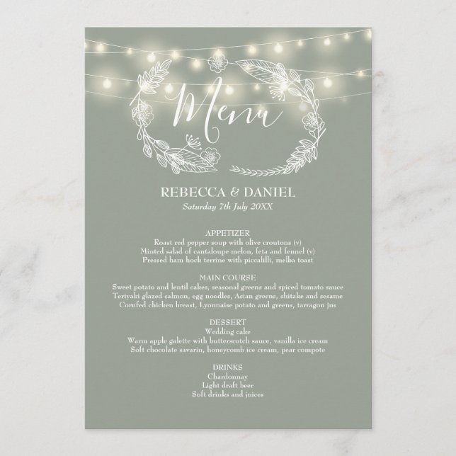 Menu Luzes de Corda Verde Sage Floral Casamento (Frente)