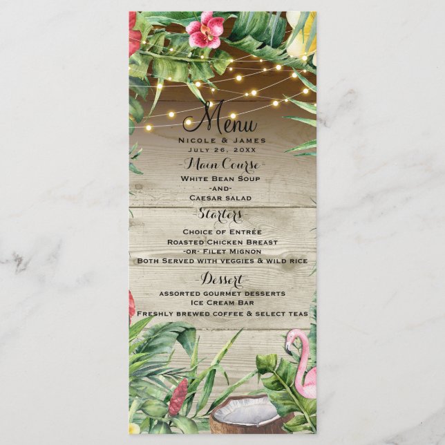 Menu Luzes Folhas Florais Madeira Tropical Aloha (Frente)