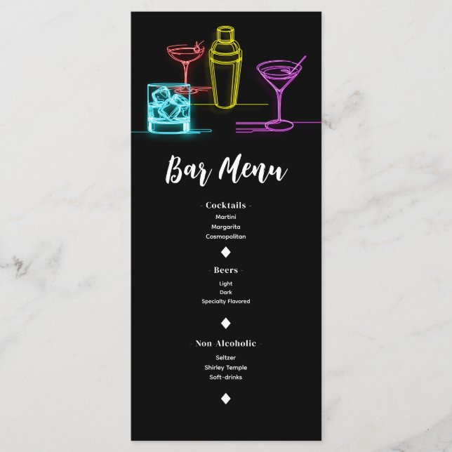 Menu Luzes Neon Glow Coquetéis Bar Aberto Cardápio de C (Frente)