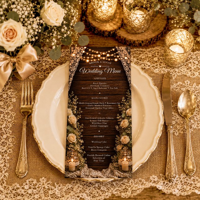 Menu Luzes Rústicas de Corda Velas de Madeira Casamento (Criador carregado)