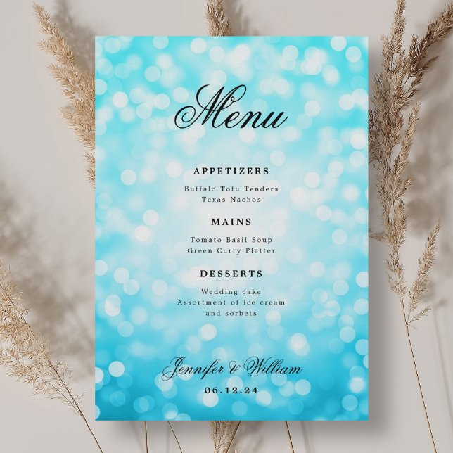 Menu Luzes Turquoise Bokeh de Casamento Elegante (Elegant Script Wedding Turquoise Bokeh Lights Menu)
