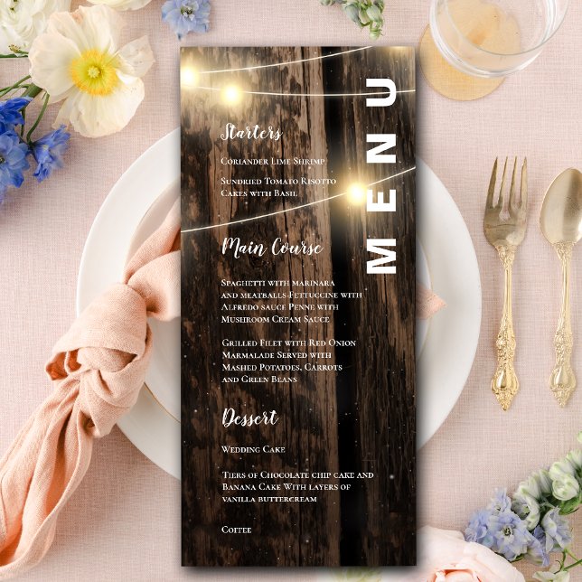 Menu Madeira Rústica Com Festa de casamento De Luzes De (Rustic Wood With String Lights Wedding Party Menu)
