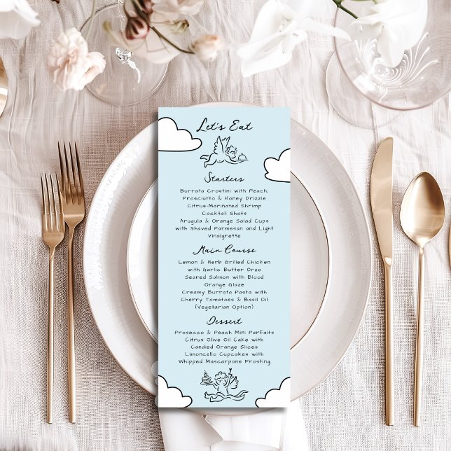 Menu Mão Desenhada Azul Casamento Feito no Céu Chá de N (Criador carregado)