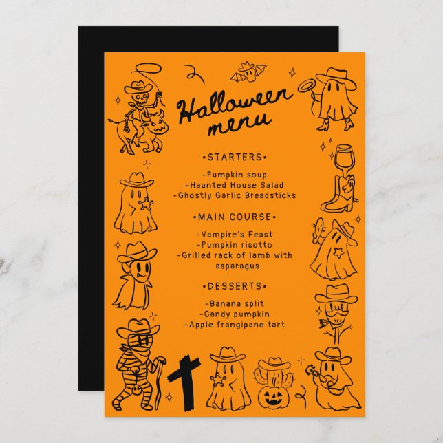 Menu Mão Preta e Laranja Que Desenha Halloween (Frente/Verso)