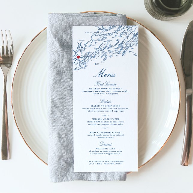 Menu Mapa Elegante de Marinhos do Mapa da Baía de Carca (These navy blue Portland Maine wedding menus are perfect for your destination wedding in Casco Bay)