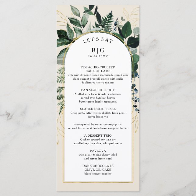 Menu Marfim bege elegante Arco botânico moderno Me casa (Frente)