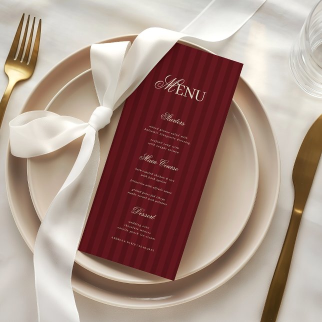 Menu Marfim e Borgonha Listras Elegantes Casamento Retr (Criador carregado)