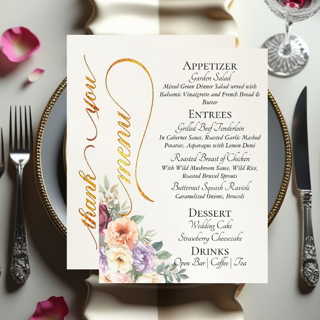 Menu Marfim - Flores silvestres, monograma e agradecime (Criador carregado)
