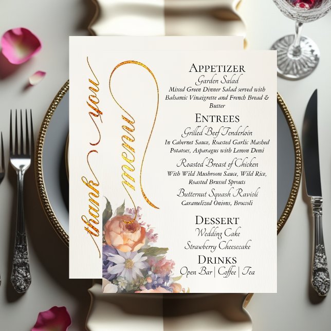 Menu Marfim - Monograma, Flores Silvestres & Obrigado (Criador carregado)