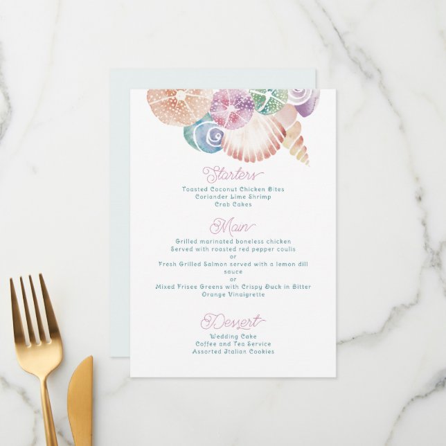 Menu Marinha d'água Conchas em Laranja Azul, Púrpura (Frente/Verso In Situ)