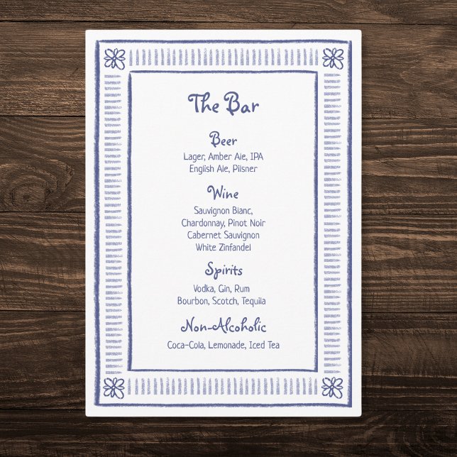 Menu Marinho Azul, Bar de Casamento Desenhado à Mão Pla (Criador carregado)