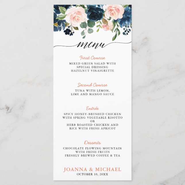 Menu Marinho Azul Blush Rosa Rosa Boho Casamento (Frente)