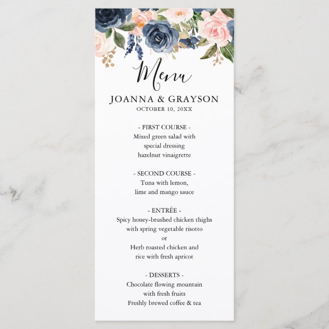 Menu Marinho Azul Blush Rosa Rosa Boho Casamento (Frente)