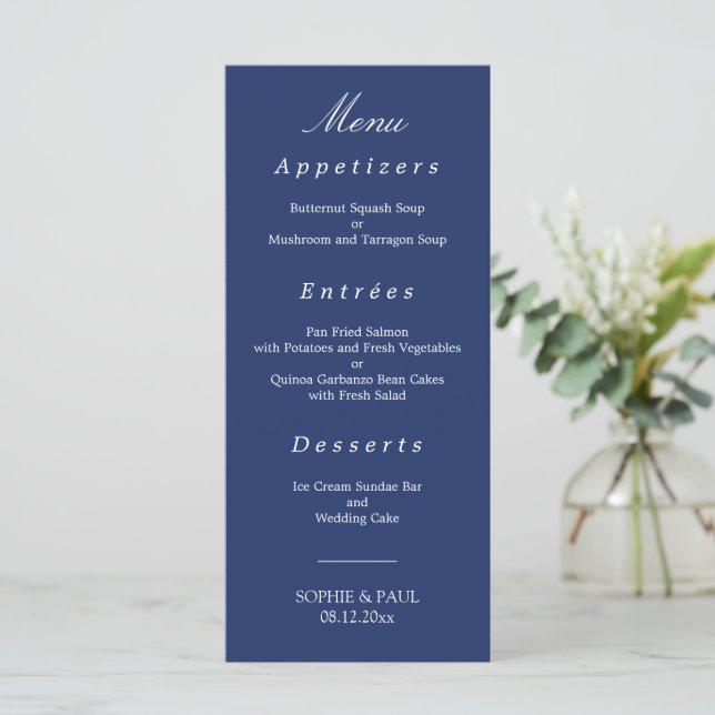 Menu Marinho Azul de Casamento Elegante (Em pé/Frente)