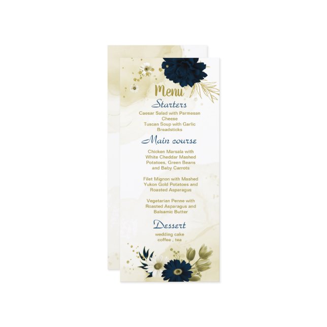 Menu Marinho azul de marfim de ouro floral casamento (Frente/Verso In Situ)