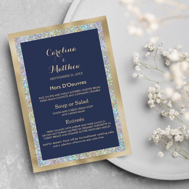 Menu Marinho azul dourado holográfico holográfico de pr (Navy blue gold silver holographic Wedding Menu )