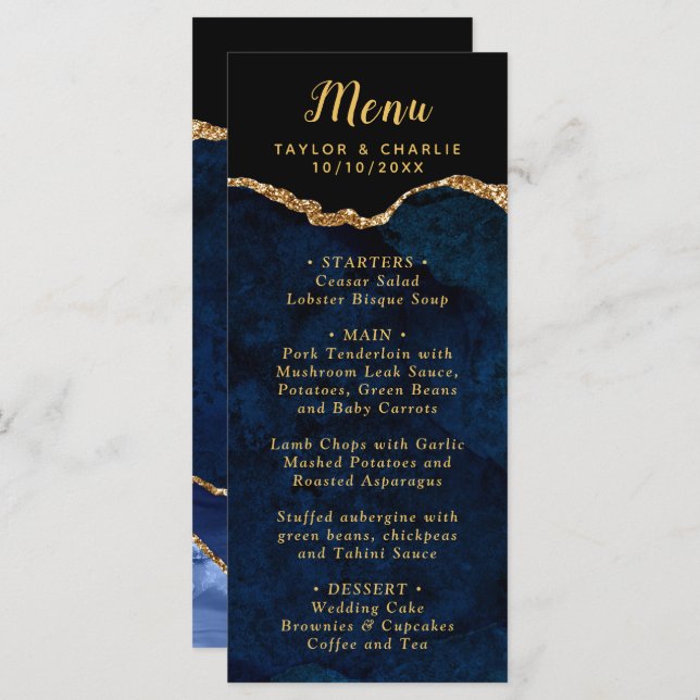 Menu Marinho Azul e Dourado Agate Marble Weding (Frente/Verso)