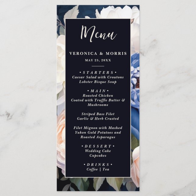 Menu Marinho Azul e Pincel Pintado Casamento Floral Ros (Frente)