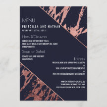 Menu marinho Azul Rosa Dourado Marble Diagonal Wed
