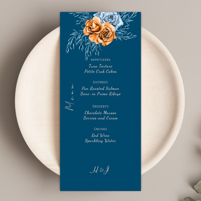 Menu Marinho Azul Russo Casamento Floral de Chic Indigo (Criador carregado)