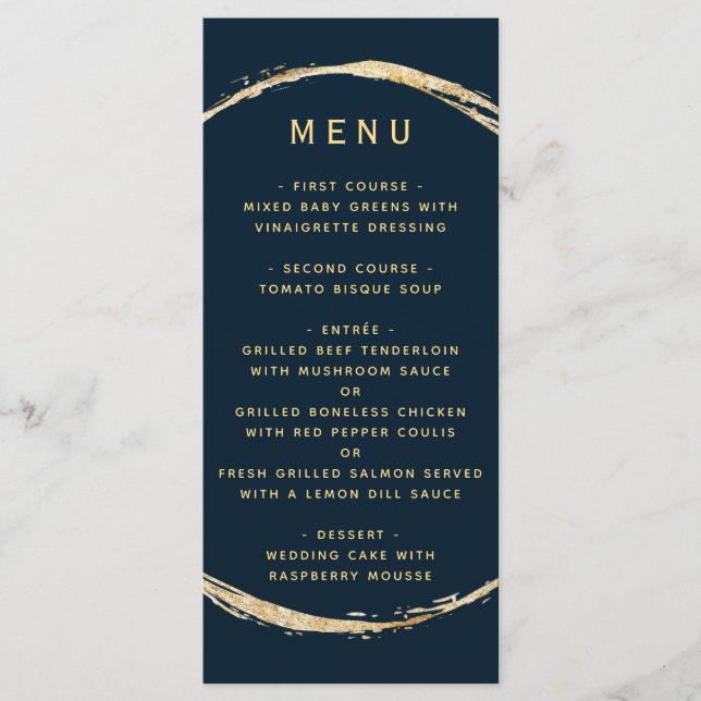 Menu Marinho Azul Rústico Círculo Dourado Ampersand Cas (Frente)